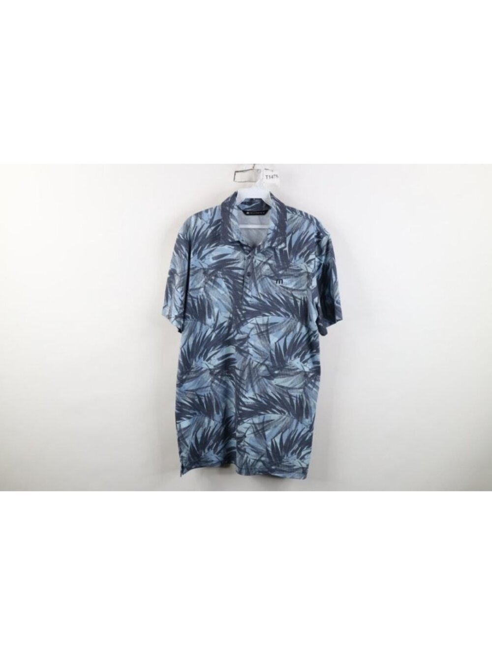 Travis Mathew Palm Tree Leaf Collared Golf Polo Shirt Mens Size Medium Blue Knit